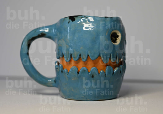 Blaue fröhliche Monstertasse - handgefertigtes Unikat mit Charakter - 350 ml